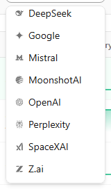The vendor dropdown open and scrolled down to show SpaceXAI in the list of vendors