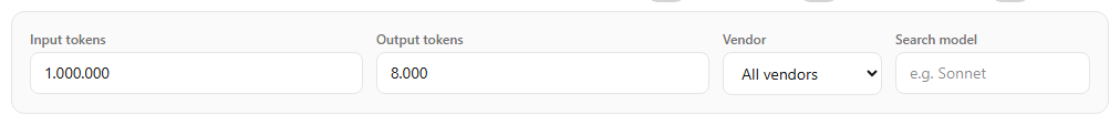The calculator row showing input tokens, output tokens, a vendor dropdown, and a new Search model field