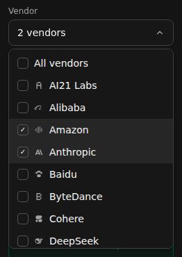 The multi-vendor picker with Amazon and Anthropic selected